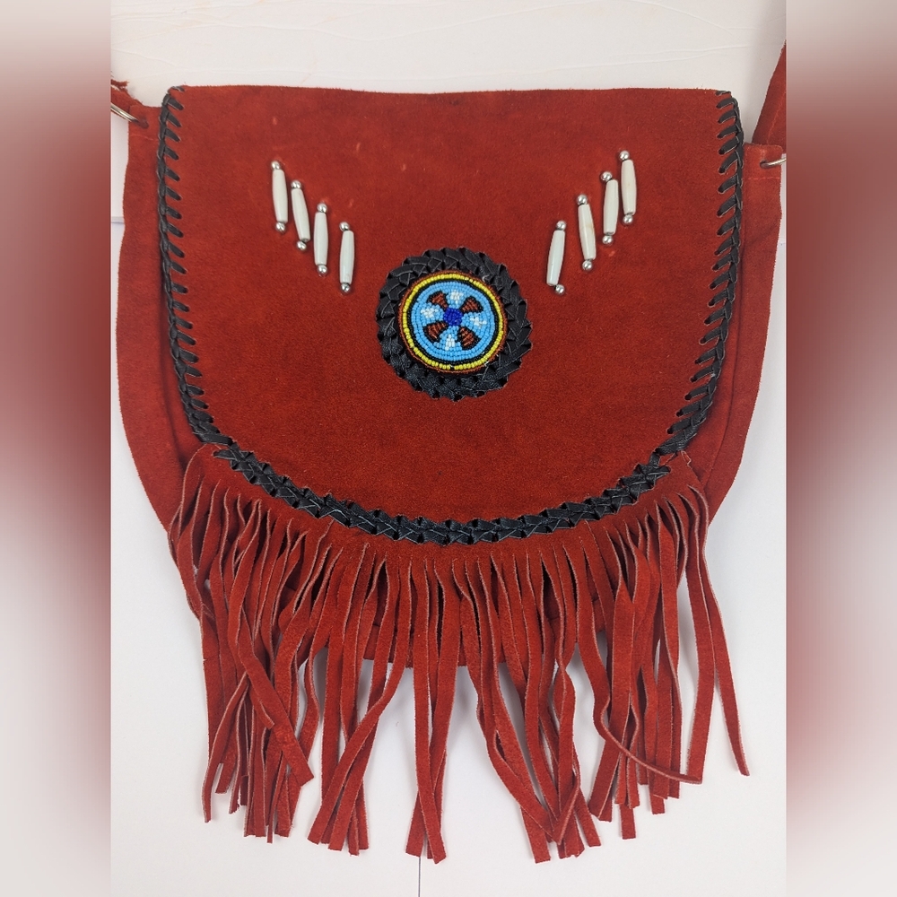 Suede Beaded Red Leather Southwestern Beaded Style Shoulder Bag Adjust Strap